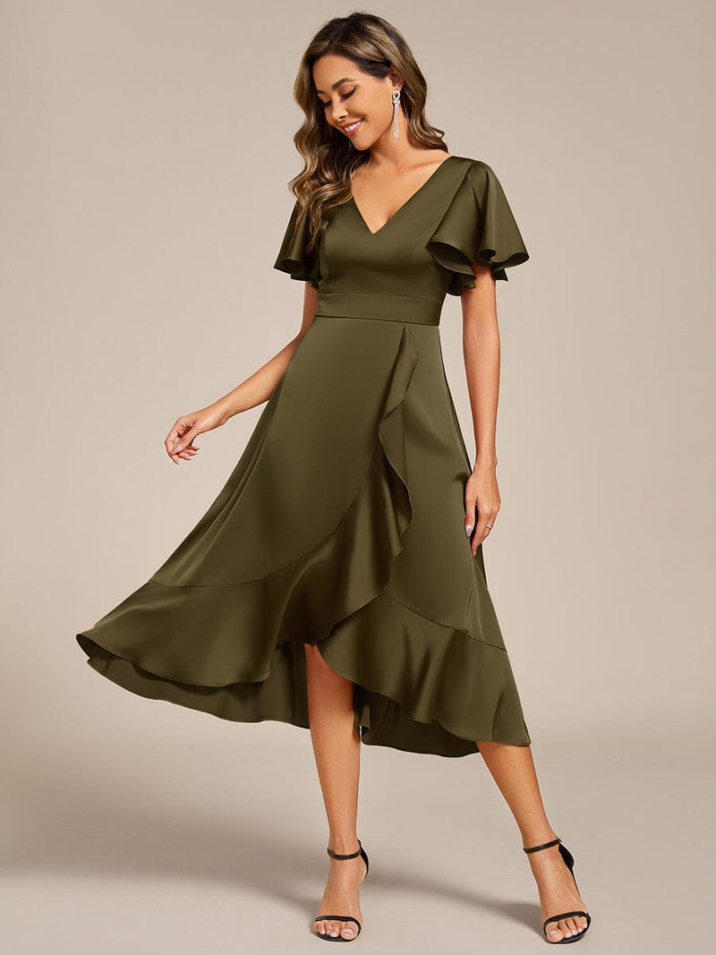 Ruffled V-neck Midi Satin Wedding Guest Dress