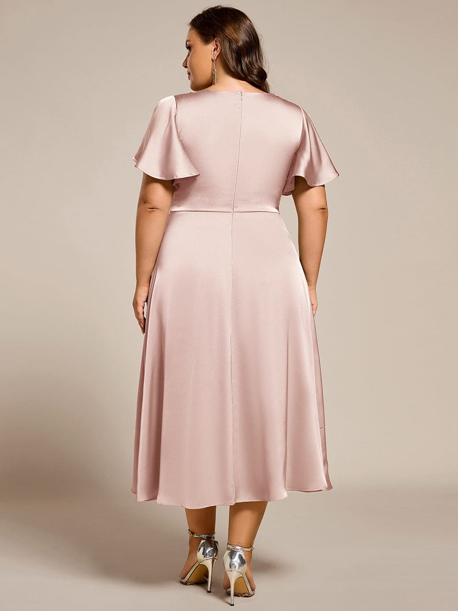 V-Neck Satin Midi Wedding Guest Dress with Ruffled Skirt #color_Pink