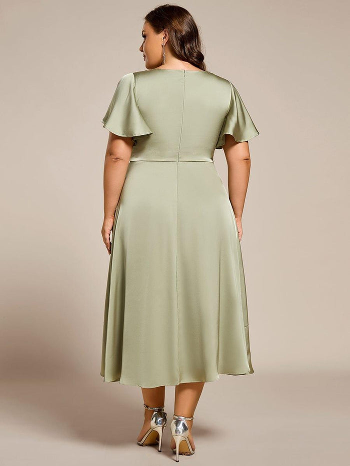 Ruffled V-neck Midi Satin Wedding Guest Dress