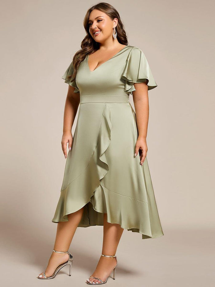 Ruffled V-neck Midi Satin Wedding Guest Dress