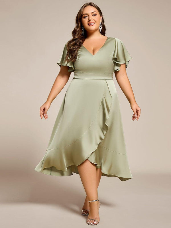 Ruffled V-neck Midi Satin Wedding Guest Dress