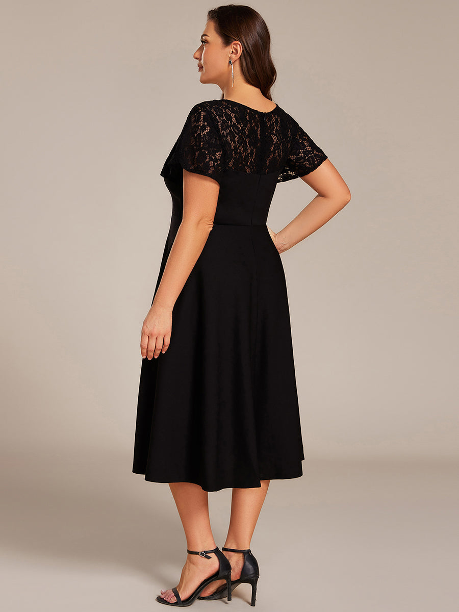 Short Sleeves A-Line Midi Wedding Guest Dress with Pockets #color_Black