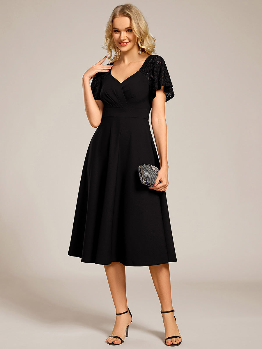 Short Sleeves A-Line Midi Wedding Guest Dress with Pockets #color_Black