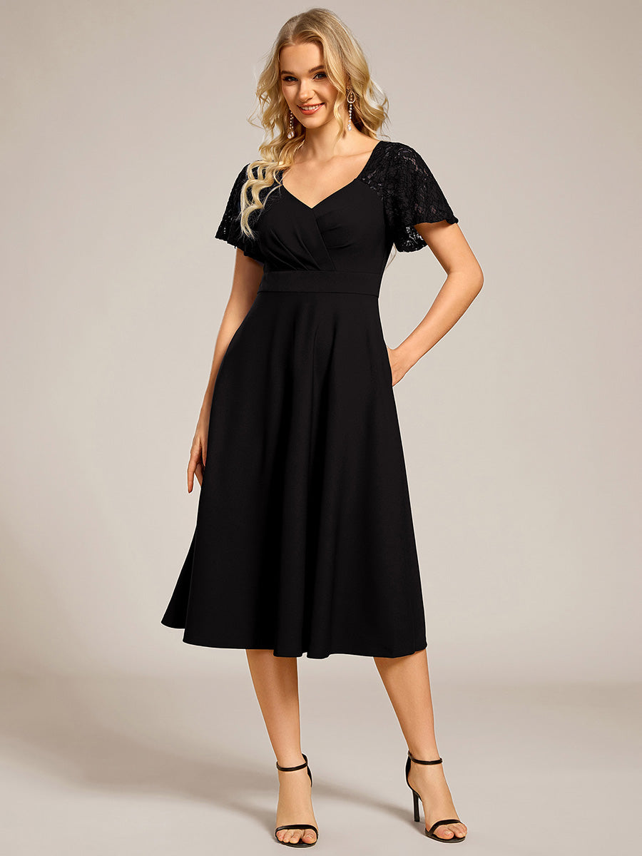 Short Sleeves A-Line Midi Wedding Guest Dress with Pockets #color_Black