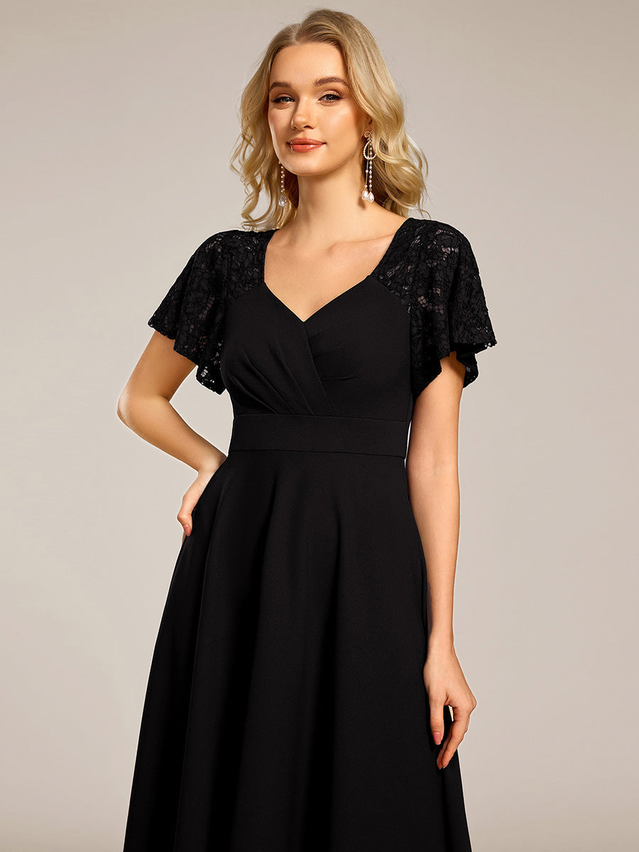 Short Sleeves A-Line Midi Wedding Guest Dress with Pockets #color_Black