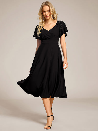 Short Sleeves A-Line Midi Wedding Guest Dress with Pockets #color_Black