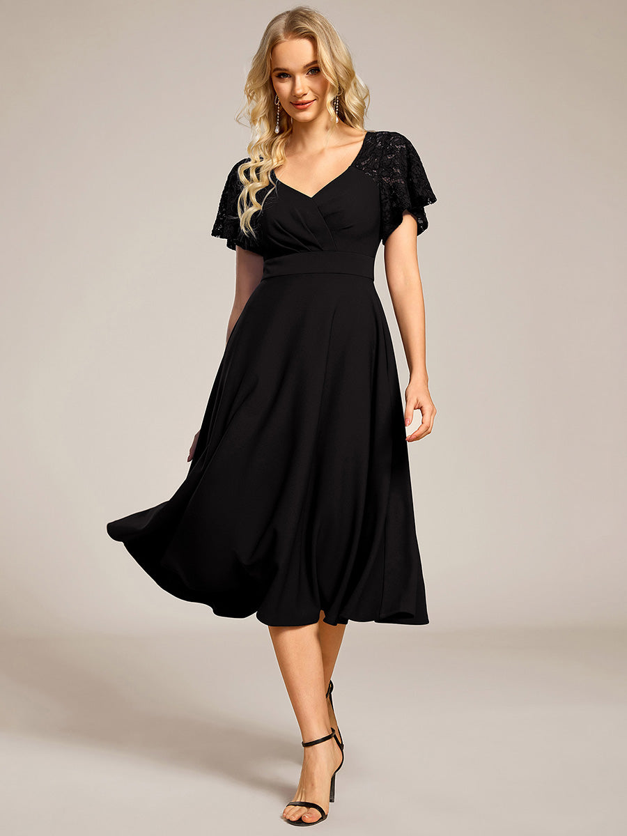 Short Sleeves A-Line Midi Wedding Guest Dress with Pockets #color_Black