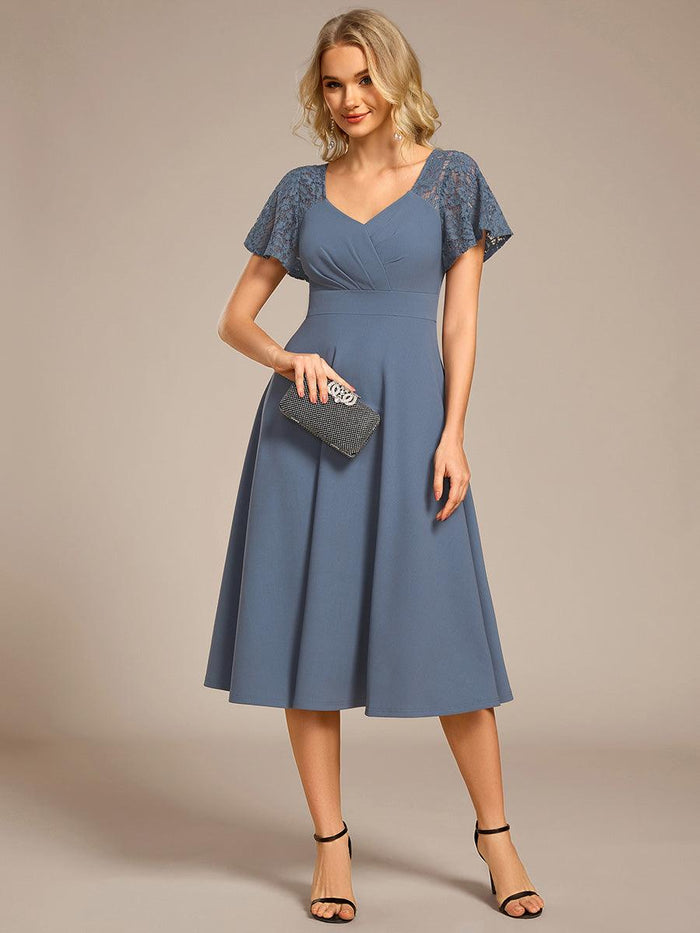 Ruffled Sweetheart A-Line Midi Wedding Guest Dress with Short Sleeves
