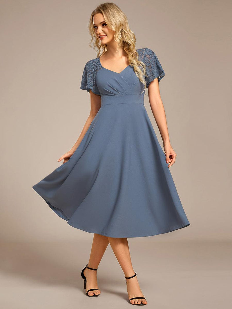 Ruffled Sweetheart A-Line Midi Wedding Guest Dress with Short Sleeves