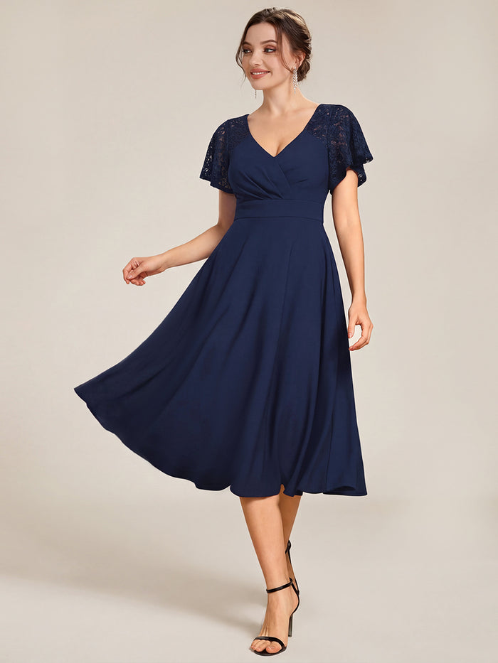 Ruffled Sweetheart A-Line Midi Wedding Guest Dress with Short Sleeves