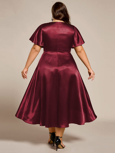 Plus Size Satin Midi Wedding Guest Dress with Pockets #color_Burgundy