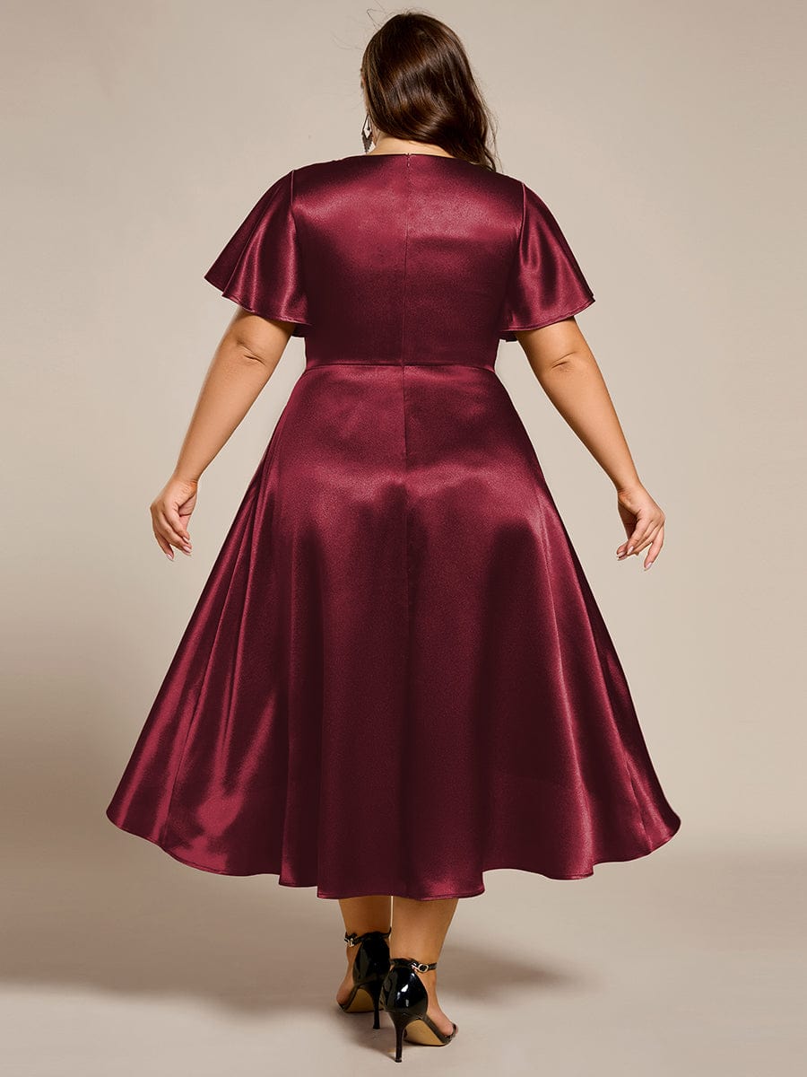 Satin V-Neck Flutter Sleeve Midi Bridesmaid Dress with Pockets #color_Burgundy