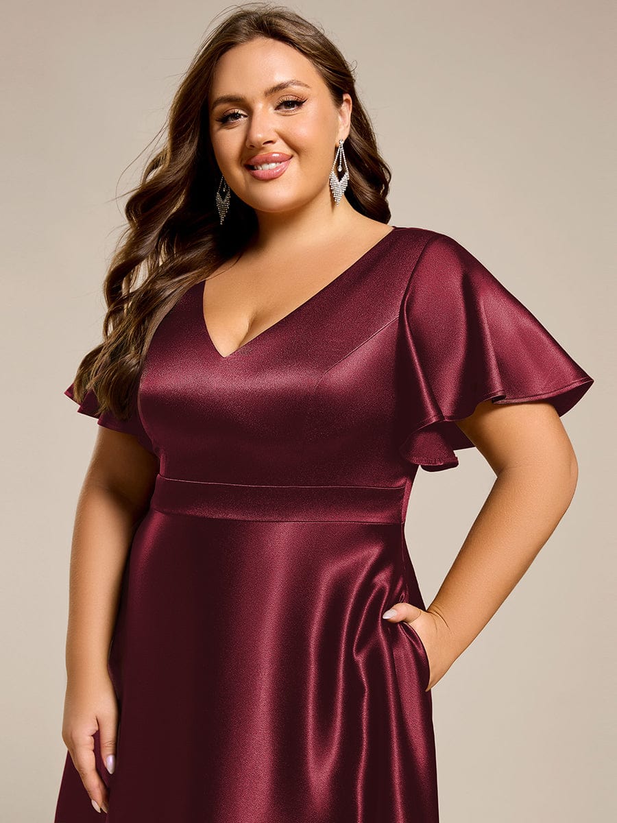 Satin V-Neck Flutter Sleeve Midi Bridesmaid Dress with Pockets #color_Burgundy