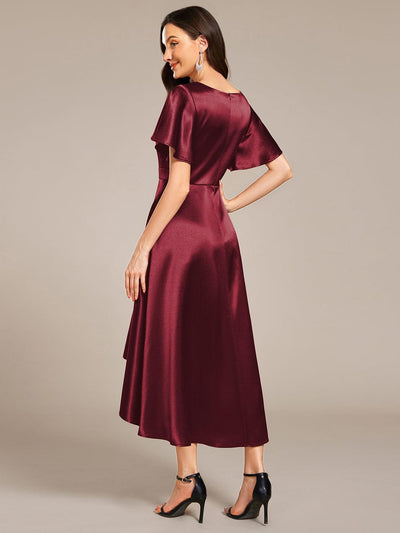 Satin V-Neck Flutter Sleeve Midi Bridesmaid Dress with Pockets #color_Burgundy