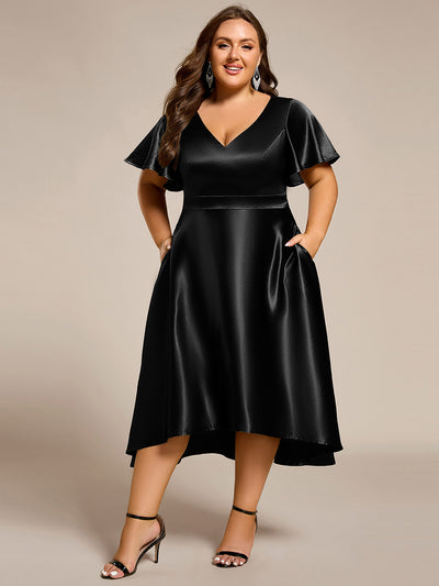 Plus Size Satin Midi Wedding Guest Dress with Pockets #color_Black