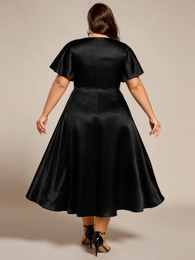 Plus Size Satin Midi Wedding Guest Dress with Pockets #color_Black