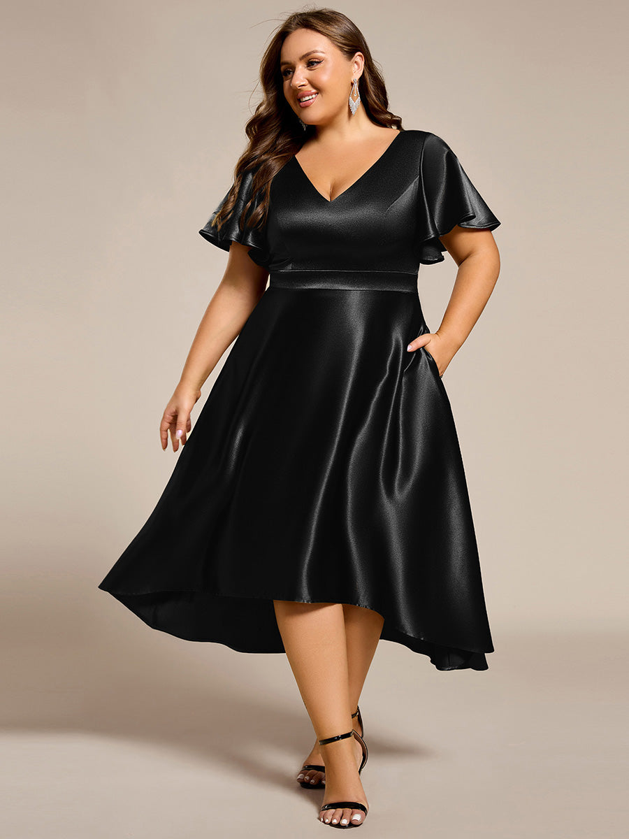 Plus Size Satin Midi Wedding Guest Dress with Pockets #color_Black