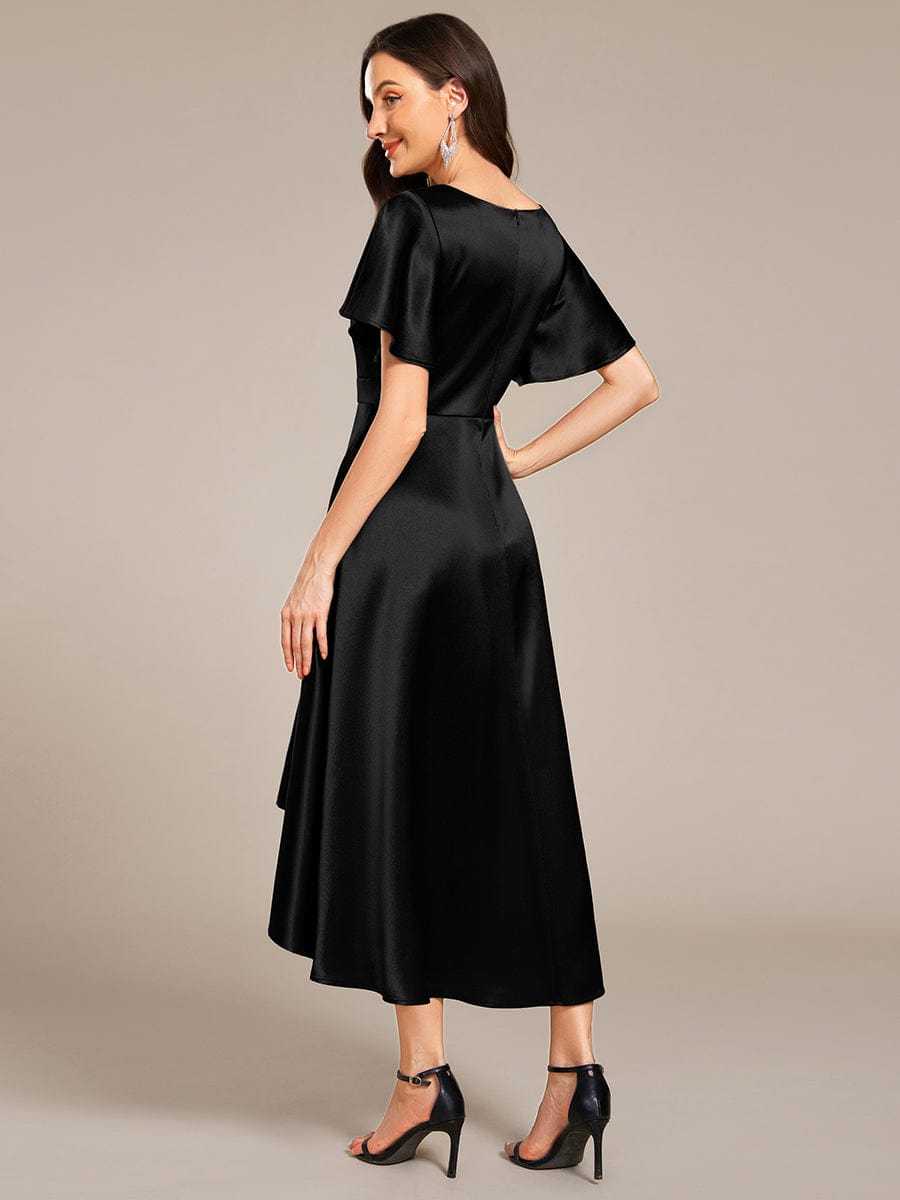 Satin V-Neck Flutter Sleeve Midi Bridesmaid Dress with Pockets #color_Black
