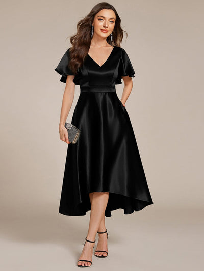 Satin V-Neck Flutter Sleeve Midi Bridesmaid Dress with Pockets #color_Black