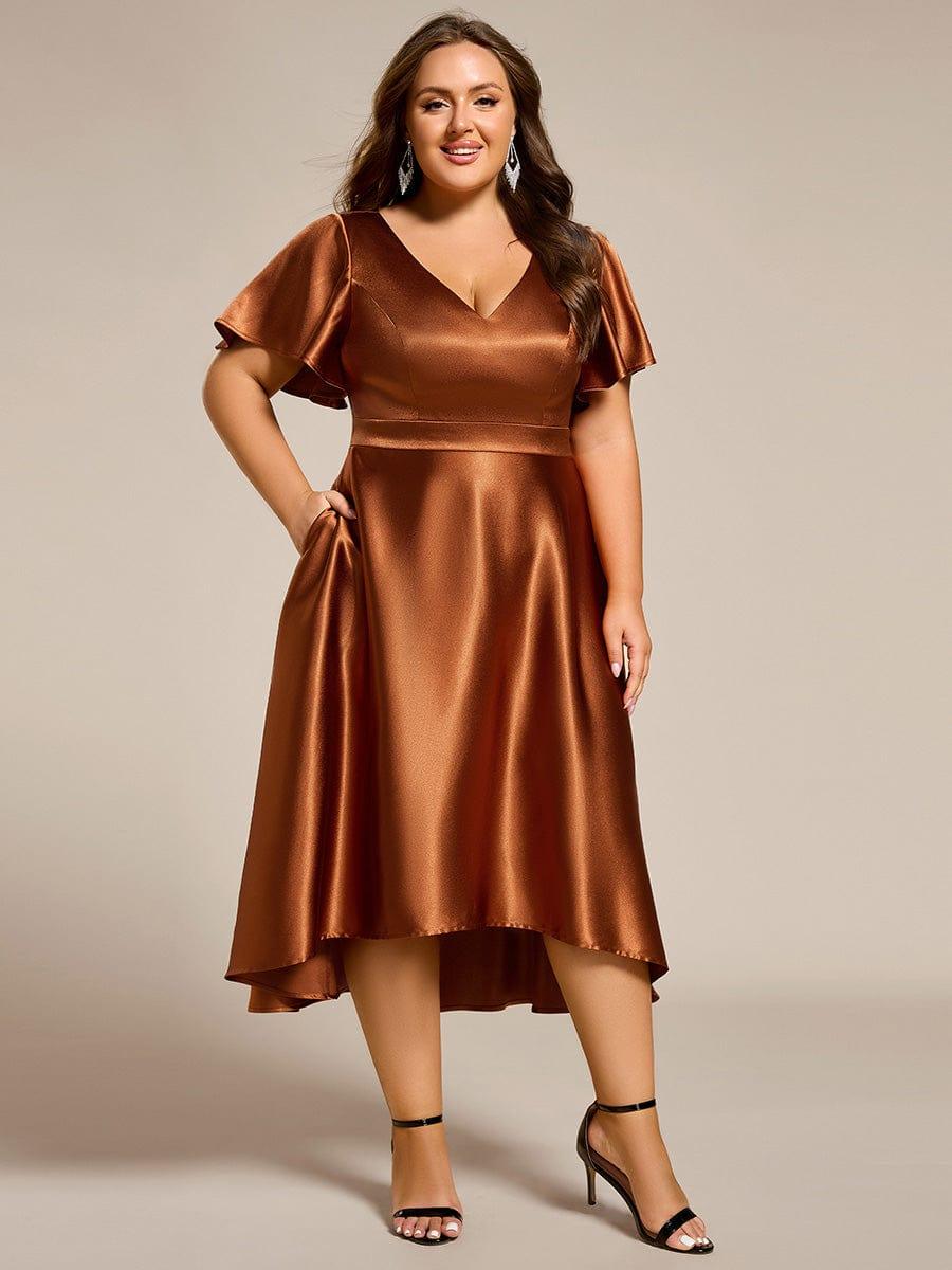 Satin V-Neck Flutter Sleeve Midi Bridesmaid Dress with Pockets #color_Copper