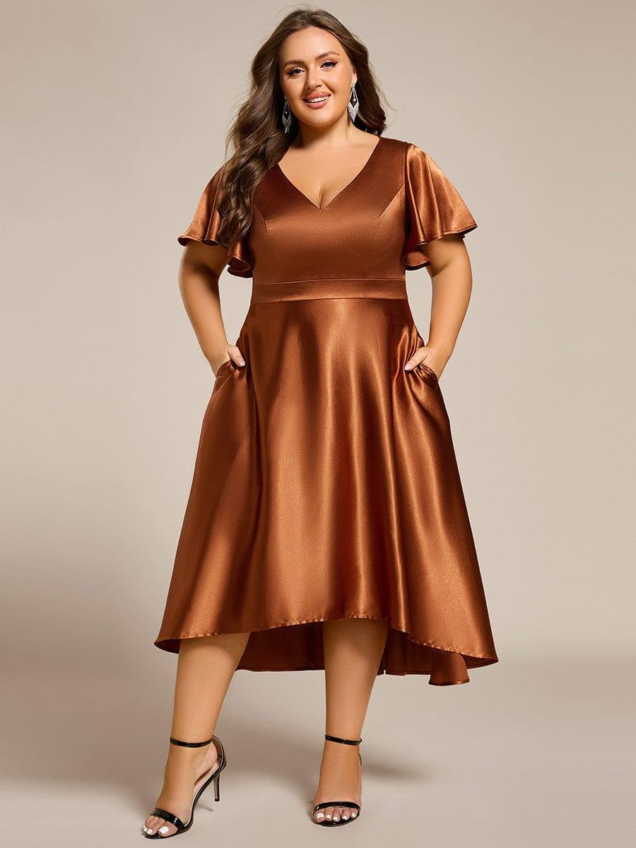 Satin V-Neck Flutter Sleeve Midi Bridesmaid Dress with Pockets #color_Copper