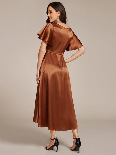 Satin V-Neck Flutter Sleeve Midi Bridesmaid Dress with Pockets #color_Copper