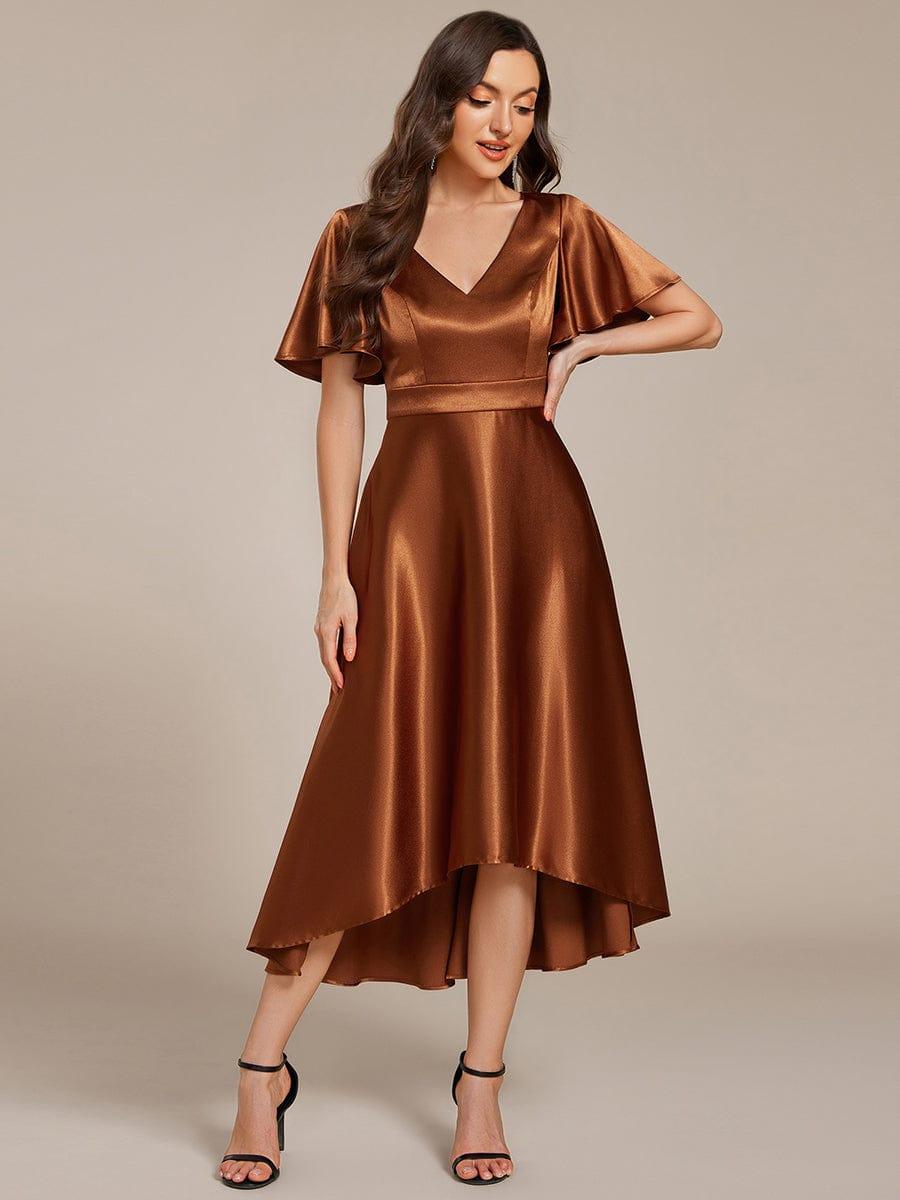 Satin V-Neck Flutter Sleeve Midi Bridesmaid Dress with Pockets #color_Copper