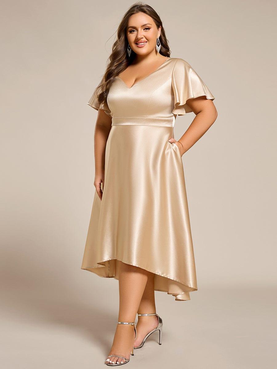 Satin V-Neck Flutter Sleeve Midi Bridesmaid Dress with Pockets #color_Champagne