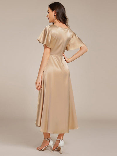 Satin V-Neck Flutter Sleeve Midi Bridesmaid Dress with Pockets #color_Champagne
