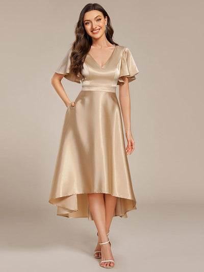 Satin V-Neck Flutter Sleeve Midi Bridesmaid Dress with Pockets #color_Champagne