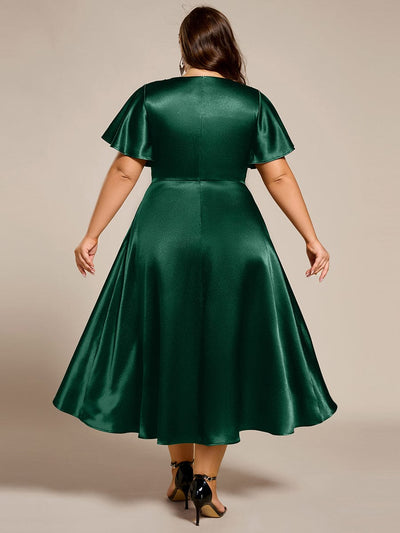 Plus Size Satin Midi Wedding Guest Dress with Pockets #color_Dark Green