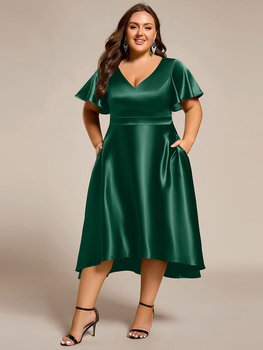 Satin V-Neck Flutter Sleeve Midi Bridesmaid Dress with Pockets #color_Dark Green