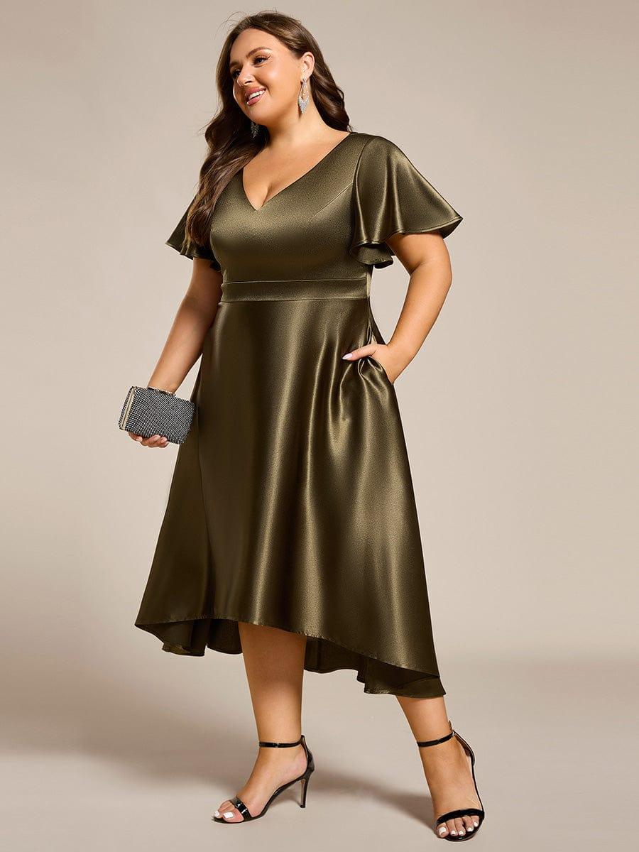 Satin V-Neck Flutter Sleeve Midi Bridesmaid Dress with Pockets #color_Olive Green