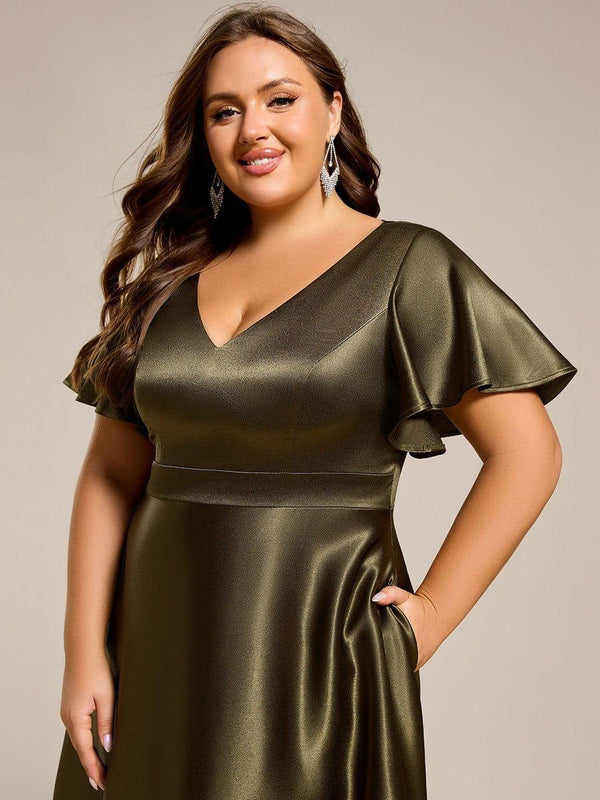 Plus Size High Low Midi Satin Wedding Guest Dress with Pockets Ever