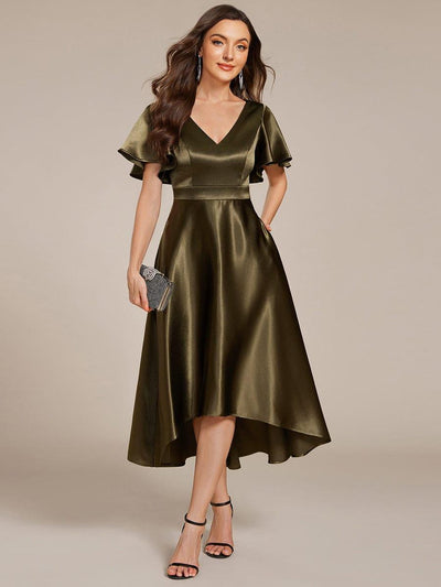Satin V-Neck Flutter Sleeve Midi Bridesmaid Dress with Pockets #color_Olive Green