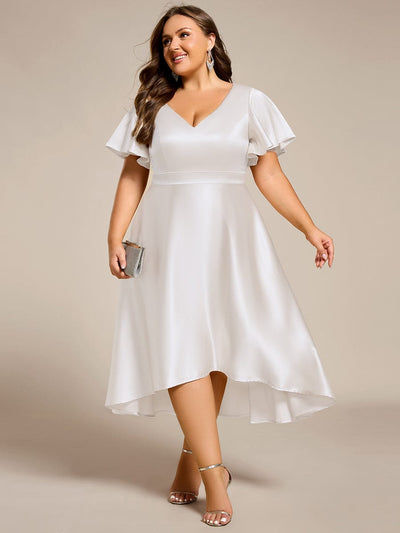 Plus Size Satin Midi Wedding Guest Dress with Pockets #color_White