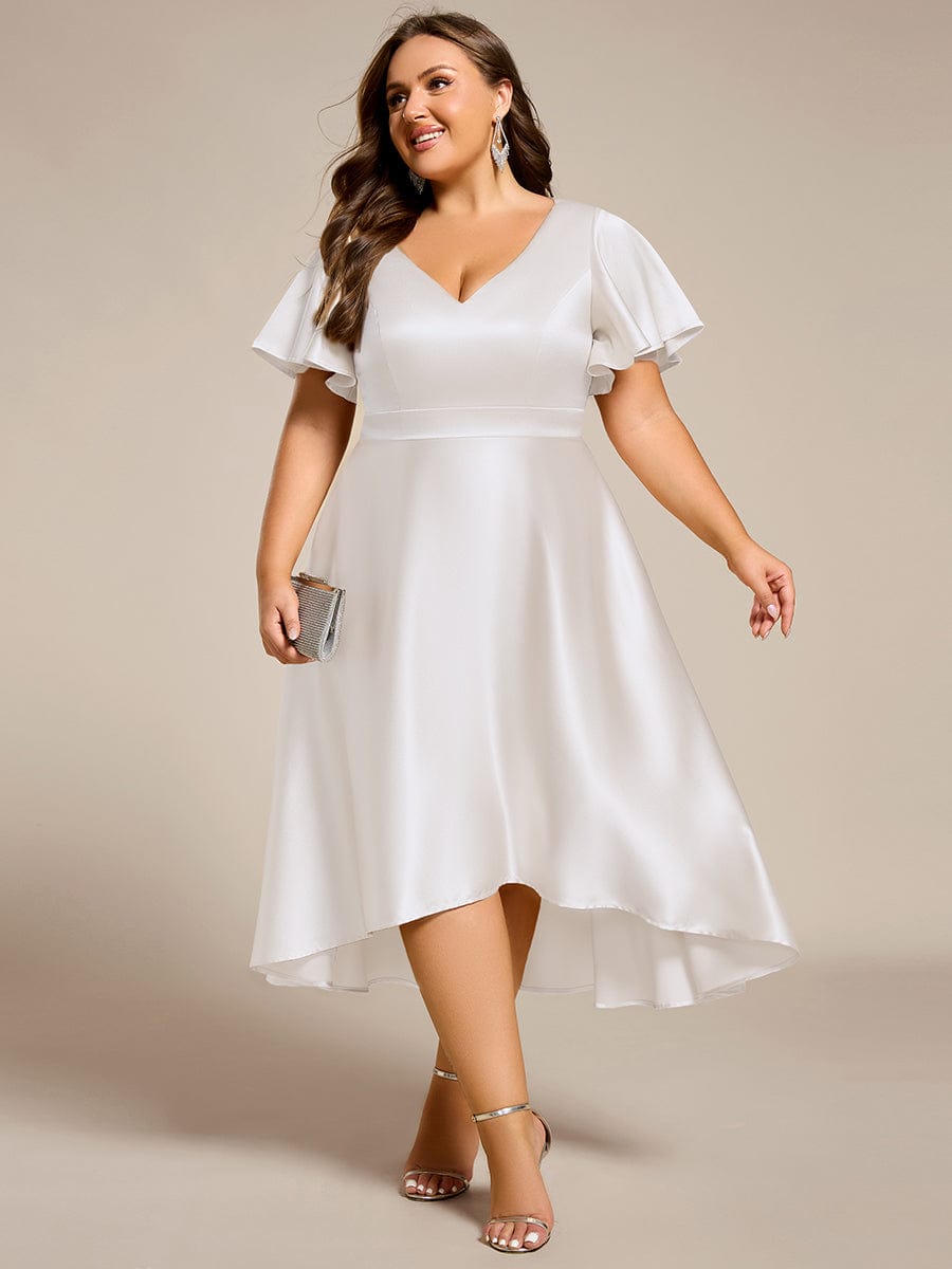 Satin V-Neck Flutter Sleeve Midi Bridesmaid Dress with Pockets #color_White