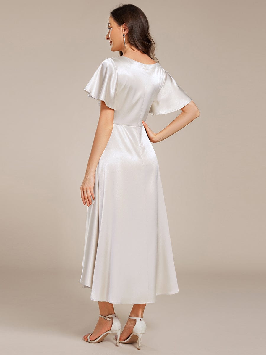 V-neck High-Low Satin Wedding Guest Dress with Pockets #color_White