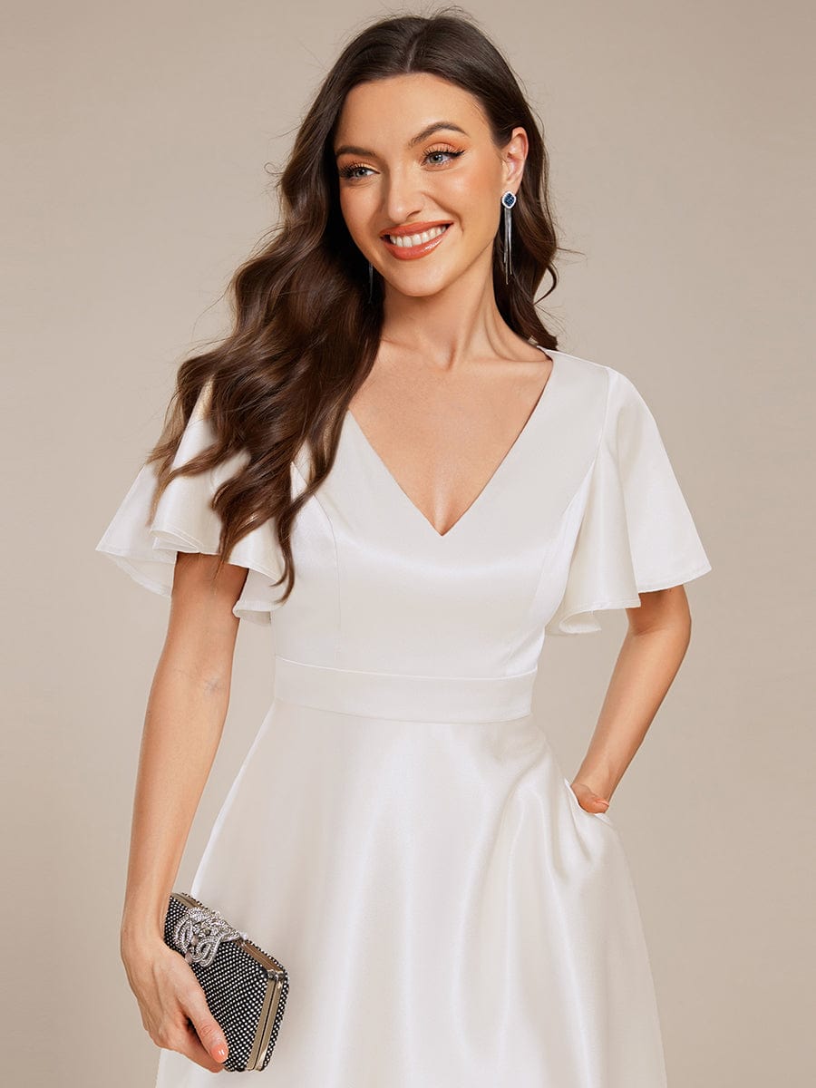 Satin V-Neck Flutter Sleeve Midi Bridesmaid Dress with Pockets #color_White