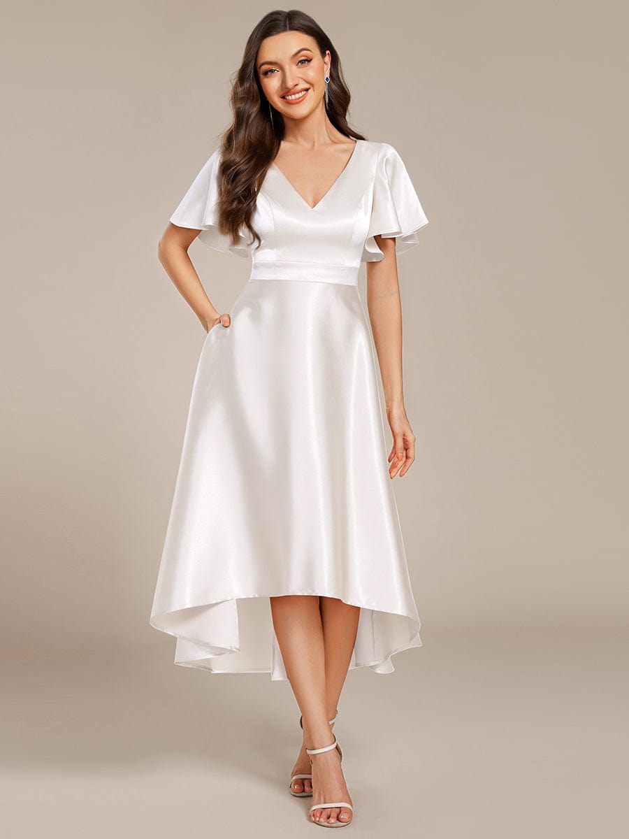 Satin V-Neck Flutter Sleeve Midi Bridesmaid Dress with Pockets #color_White