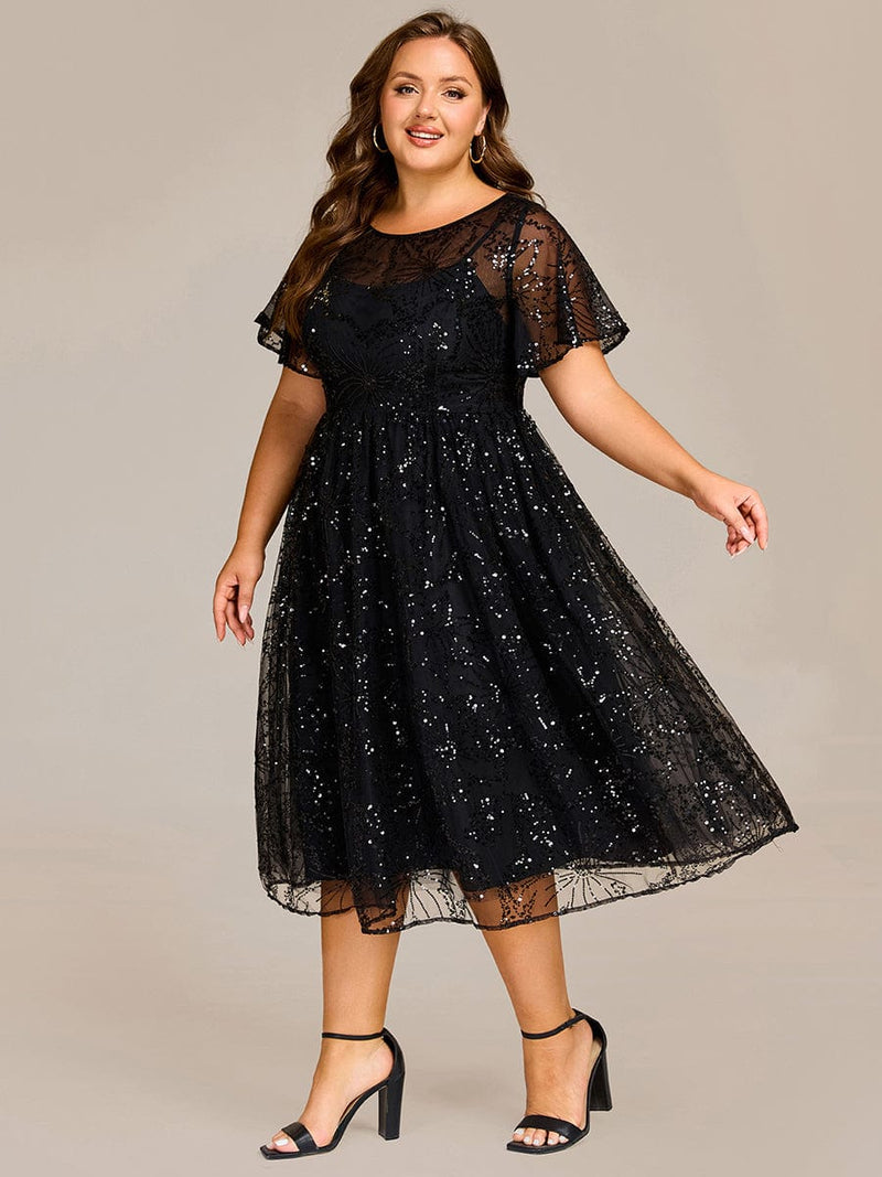 Plus Size Sequin ALine Midi Wedding Guest Dress with Flutter Sleeves — free download