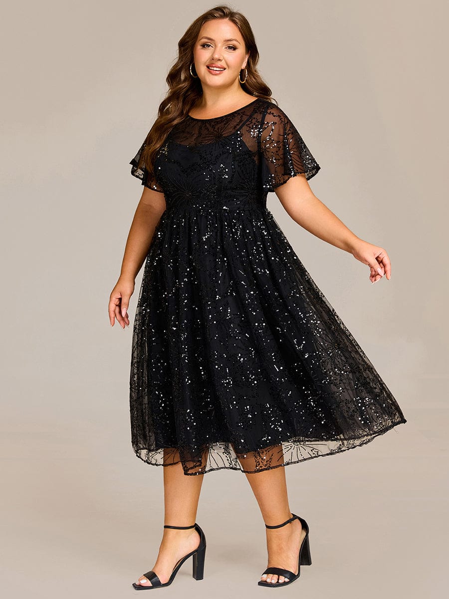 Plus Size Sequin Midi Wedding Guest Dresses #color_Black
