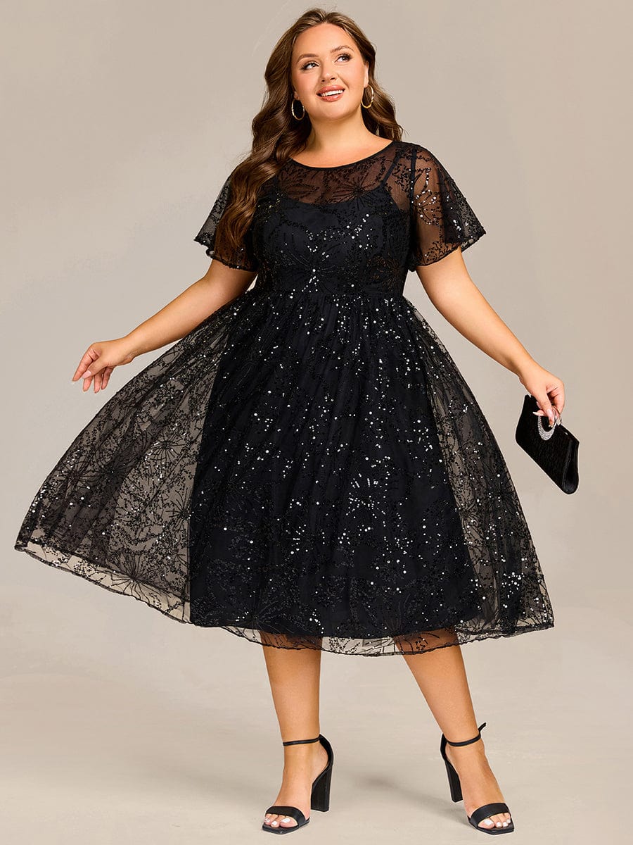 Plus Size Sequin Midi Wedding Guest Dresses #color_Black