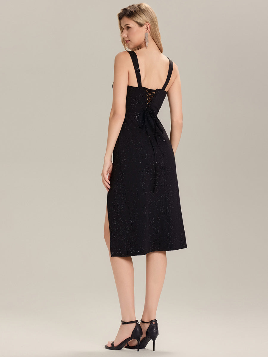 Lace-Up Glitter Sleeveless Wedding Guest Dress #color_Black