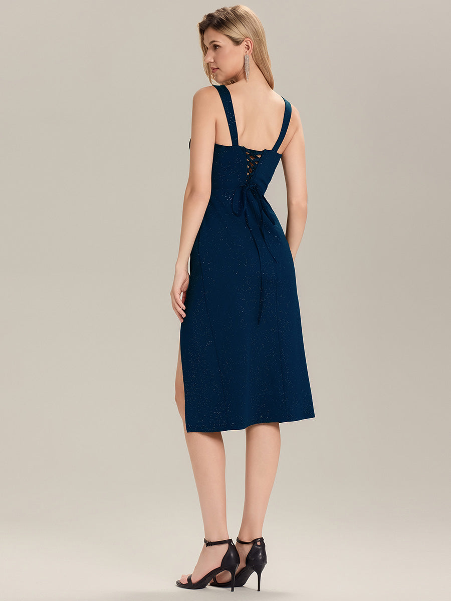 Lace-Up Glitter Sleeveless Wedding Guest Dress #color_Navy Blue