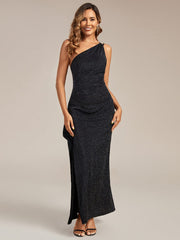 glitzy gala glitter fabric one shoulder ruched slit maxi dress Knit Sleeveless Asymmetrical Hem Wedding Guest do not hang solely Ruched Bodice Size:32 Long 100% Cotton Printed Shirt