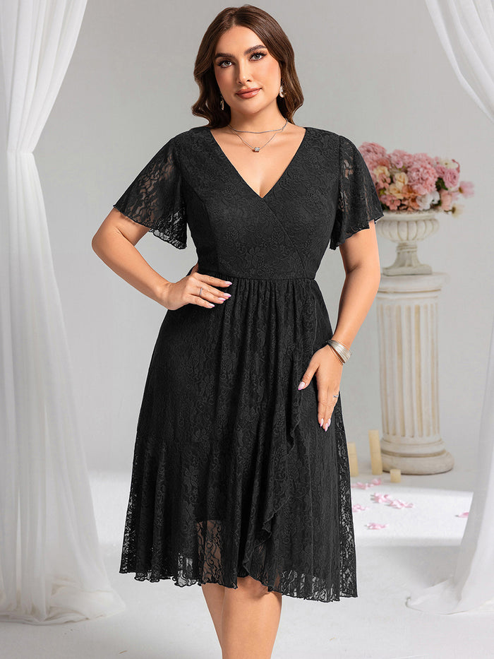 V Neck Green A Line Long Sleeves Short Floral Wedding Guest Dress