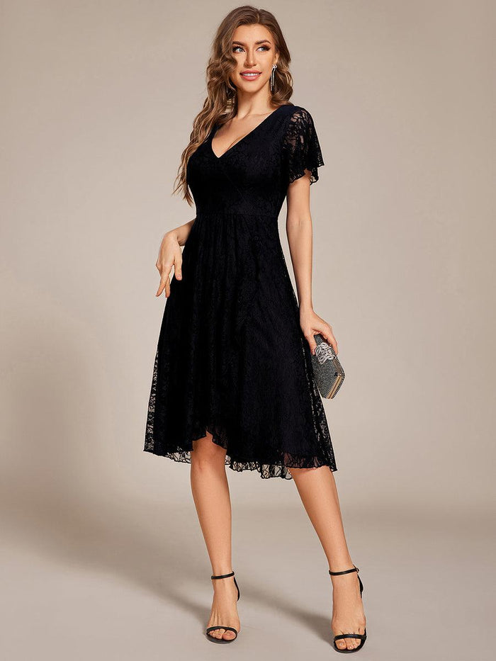 Factory Design Short Sleeve Ruffle Sheer Round Neck A-Line Midi Wedding Guest Dresses