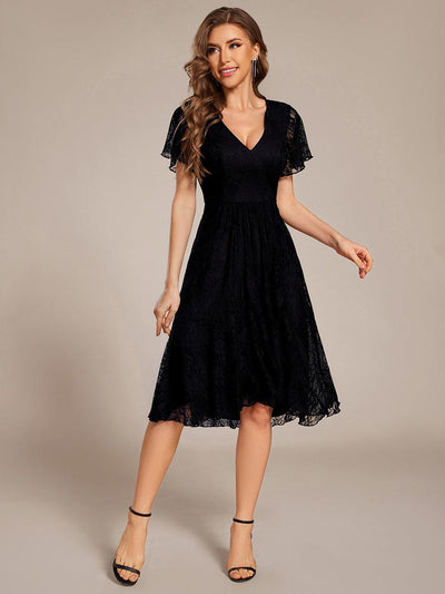 Ruffled Sleeves Lace A-Line Formal Evening Dress #color_Black