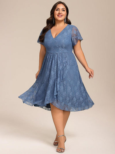 Plus Size Ruffled Sleeves Lace A-Line Formal Evening Dress #color_Dusty Blue